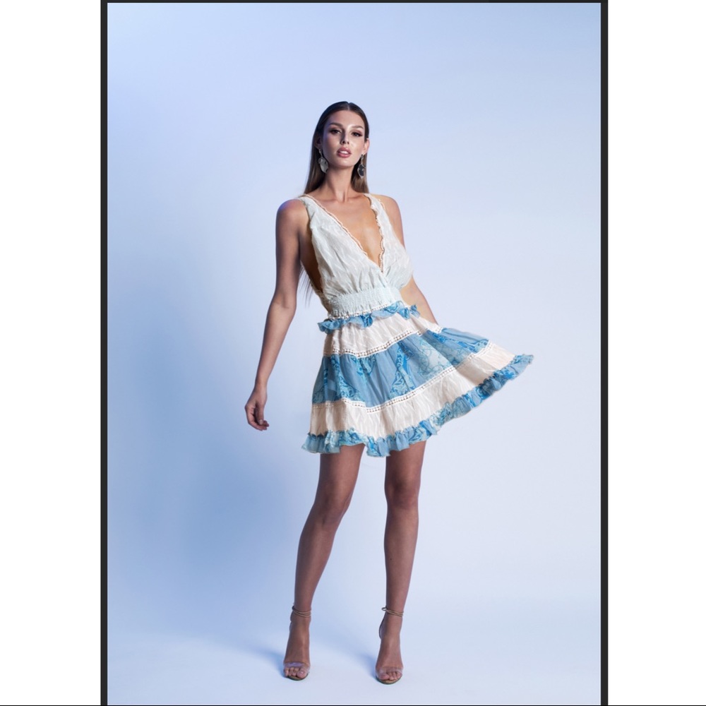 CHIO Silk Ruffle Macrame Mini Dress Blue White